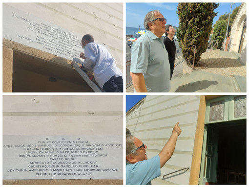 Imperia, l’ultima fatica Angelo Salvatore Urrazza, ‘Lo scultore’: il  restauro della targa sulla facciata di San Benedetto Revelli (foto)