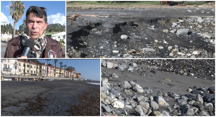 Al Prino di Imperia spiaggia fresca di restyling spazzata via dalla mareggiata, Bracco: “Un lavoro elettorale? ” (video)