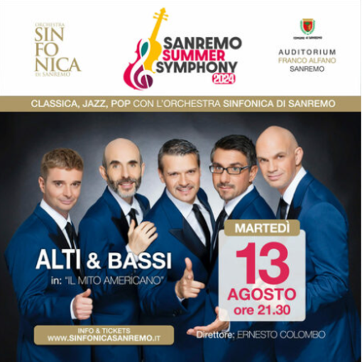 Martedì 13 agosto alla “Sanremo Summer Symphony” il quintetto “Alti & Bassi” per la prima volta con l’Orchestra Sinfonica di Sanremo Martedì 13 agosto alla “Sanremo Summer Symphony” il quintetto “Alti & Bassi” per la prima volta con l’Orchestra Sinfonica di Sanremo