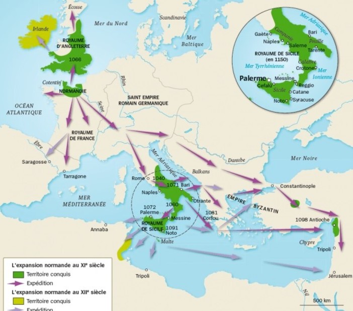Aree evidenziate in verde, espansione normanna a partire dal XI secolo (credit l’histoire.fr) Aree evidenziate in verde, espansione normanna a partire dal XI secolo (credit l’histoire.fr)