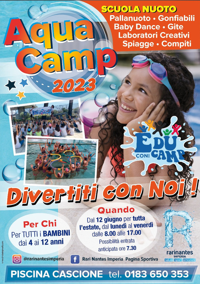 Dal 12 giugno alla Piscina 'Cascione' di Imperia ritorna Aqua Camp, un format dedicato a tutti i bambini dai 4 ai 12 anni Dal 12 giugno alla Piscina 'Cascione' di Imperia ritorna Aqua Camp, un format dedicato a tutti i bambini dai 4 ai 12 anni