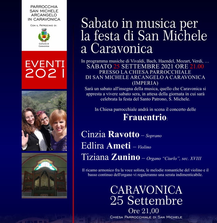 Caravonica: domani sera un sabato musicale al femminile alla chiesa di San Michele con il 'Frauentrio'