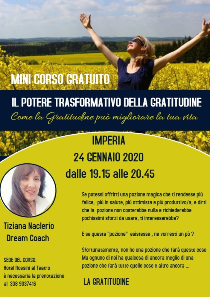 Imperia: all'hotel Rossini il corso “Il potere trasformativo della gratitudine”
