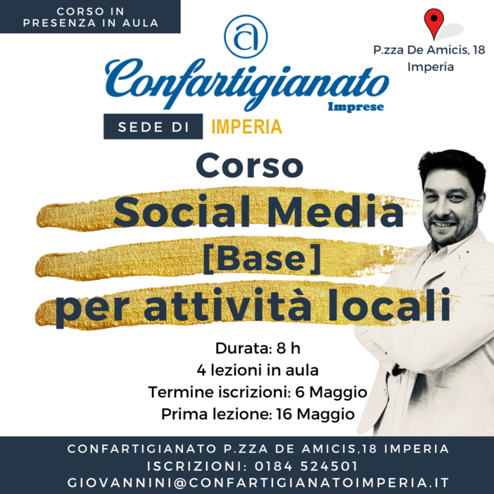 A maggio l’edizione imperiese del ‘Corso Social’ di Confartigianato per raggiungere la massima visibilità su motori di ricerca e social network A maggio l’edizione imperiese del ‘Corso Social’ di Confartigianato per raggiungere la massima visibilità su motori di ricerca e social network