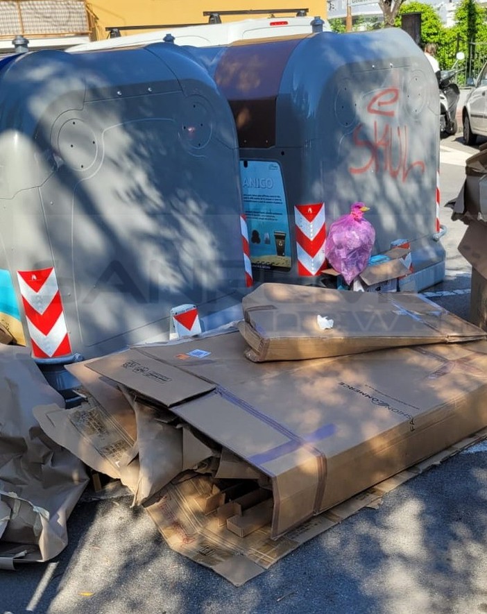 Diano Marina: degrado e cassonetti sporchi in piazza Papa Giovanni, la denuncia di Elio Novaro (Foto)