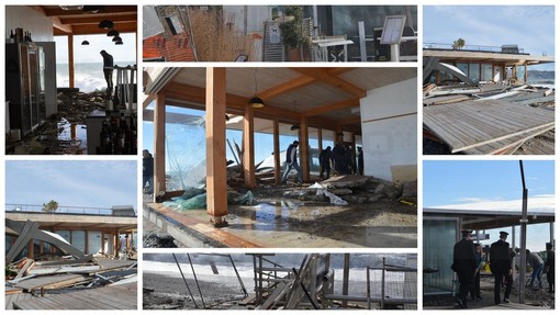 Bordighera: distrutti gli stabilimenti balneari 'Amarea' e Caranca, gravi danni al cantiere della nuova rotonda (Foto)