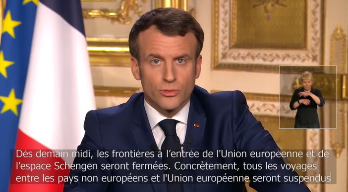 Coronavirus: Macron "Siamo in una guerra sanitaria, per 15 giorni non uscite da casa", da domani alle 12 chiuso l'ingresso in Europa, sospeso Schengen? Coronavirus: Macron "Siamo in una guerra sanitaria, per 15 giorni non uscite da casa", da domani alle 12 chiuso l'ingresso in Europa, sospeso Schengen?