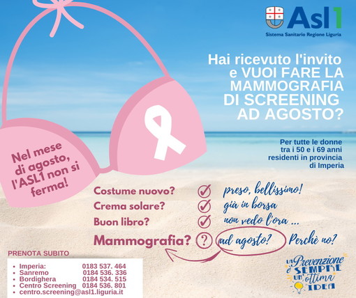 Asl 1 Imperiese: sono aperte le prenotazioni per lo screening del tumore alla mammella Asl 1 Imperiese: sono aperte le prenotazioni per lo screening del tumore alla mammella