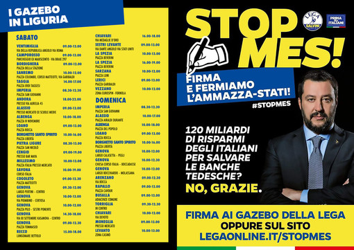 “Stop al MES”: sabato e domenica la raccolta firme della Lega in 50 piazze della Liguria “Stop al MES”: sabato e domenica la raccolta firme della Lega in 50 piazze della Liguria