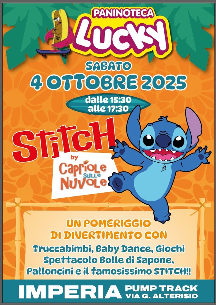 Imperia, sabato 4 ottobre il Pump Track diventa il parco dei bambini: giochi, bolle e Stitch Imperia, sabato 4 ottobre il Pump Track diventa il parco dei bambini: giochi, bolle e Stitch