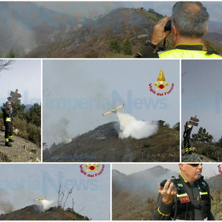 Villa Faraldi, tre fronti di fuoco sulle alture, impegnati i pompieri con un Canadair e gli elicotteri (Foto e Video)