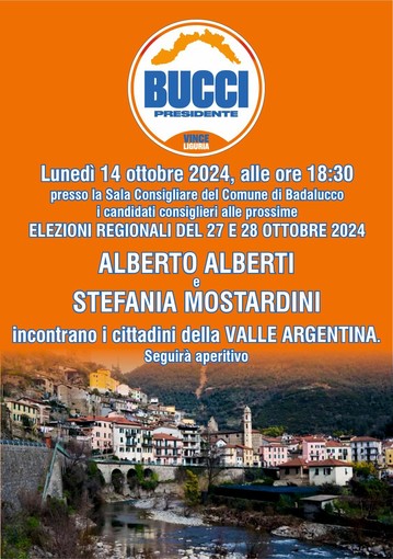 Badalucco: lunedì prossimo alle 18.30 in Comune l'incontro dei candidati alla Regione, Alberto Alberti e Stefania Mostrardini Badalucco: lunedì prossimo alle 18.30 in Comune l'incontro dei candidati alla Regione, Alberto Alberti e Stefania Mostrardini