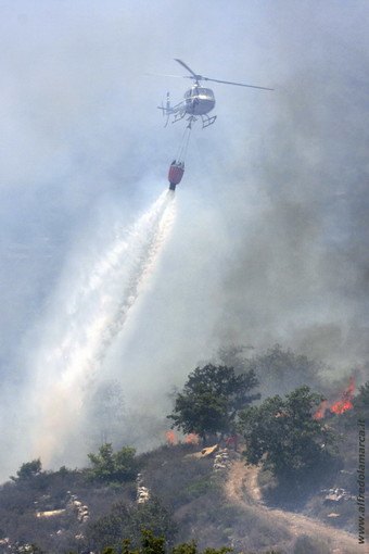 Imperia: canneto in fiamme nella zona attorno a Vasia, Vigili del Fuoco ed un elicottero in azione