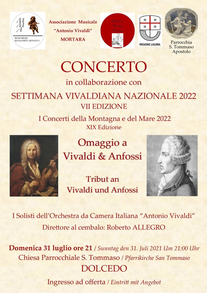 Dolcedo: domenica il concerto “Omaggio a Vivaldi & Anfossi” nella chiesa di San Tommaso Apostolo Dolcedo: domenica il concerto “Omaggio a Vivaldi & Anfossi” nella chiesa di San Tommaso Apostolo