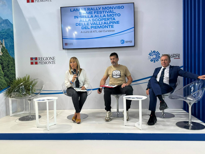 Nelle foto la partecipazione dell'ATL del Cuneese al TTG di Rimini 2026. Da sinistra Gabriella Giordano, presidente ATL; Manuel Podetti, titolare Adventure Moto Events; Paolo Bongioanni, assessore al Commercio, Agricoltura e Cibo, Turismo, Sport e Post-olimpico, Caccia e Pesca, Parchi della Regione Piemonte