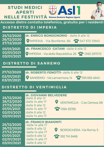 L'elenco degli studi medici aperti nelle festività natalizie, dal 25 dicembre 2020 al 3 gennaio 2021 L'elenco degli studi medici aperti nelle festività natalizie, dal 25 dicembre 2020 al 3 gennaio 2021