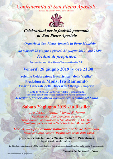 Imperia: venerdì e sabato le celebrazioni per San Pietro Apostolo a Porto Maurizio