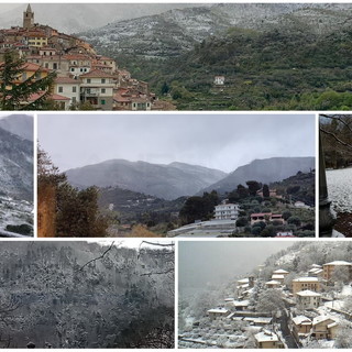 L'entroterra di Sanremo imbiancato e, sotto, la neve a Triora, Ceriana, San Romolo, Colle Melosa e Bajardo