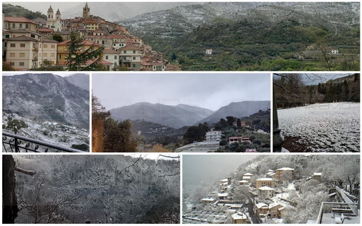 L'entroterra di Sanremo imbiancato e, sotto, la neve a Triora, Ceriana, San Romolo, Colle Melosa e Bajardo