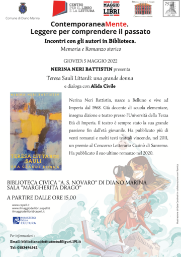 Diano Marina: giovedì primo appuntamento per il 'Maggio dei Libri' con la scrittrice Nerina Neri Battistin