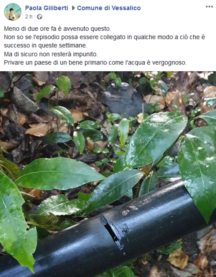 Mancanza d'acqua a Vessalico, il Sindaco posta la foto di un tubo rotto: &quot;L'episodio non resterà impunito&quot;