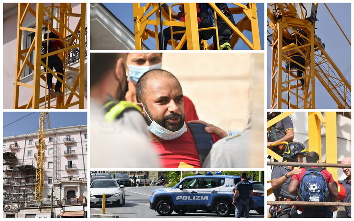 Sanremo, minaccia di gettarsi da una gru in piazza Cesare Battisti: i vigili del fuoco lo convincono a scendere Sanremo, minaccia di gettarsi da una gru in piazza Cesare Battisti: i vigili del fuoco lo convincono a scendere