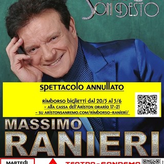 Sanremo: annullato il concerto di Massimo Ranieri all'Ariston, i biglietti saranno rimborsati