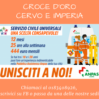Fino al 26 gennaio si può far domanda per il Servizio Civile Universale alla Croce D'Oro di Cervo e Imperia