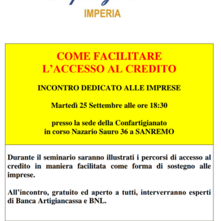 Sanremo: martedì 25 settembre alla Confartigianato il seminario “Come facilitare l'accesso al credito”