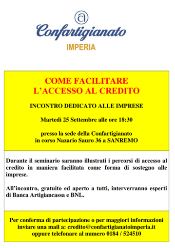 Sanremo: martedì 25 settembre alla Confartigianato il seminario “Come facilitare l'accesso al credito”