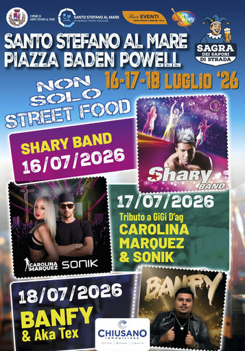 Santo Stefano al Mare, tre notti di grandi artisti: arrivano la Shary Band, il tributo a Gigi D'Ag con Carolina Marquez e la star Banfy Santo Stefano al Mare, tre notti di grandi artisti: arrivano la Shary Band, il tributo a Gigi D'Ag con Carolina Marquez e la star Banfy