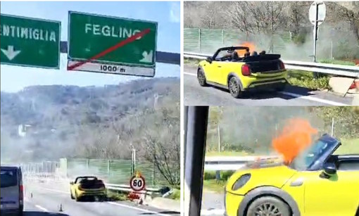 Mini Cabrio a fuoco sull'A10 poco prima dell'uscita di Feglino (video)