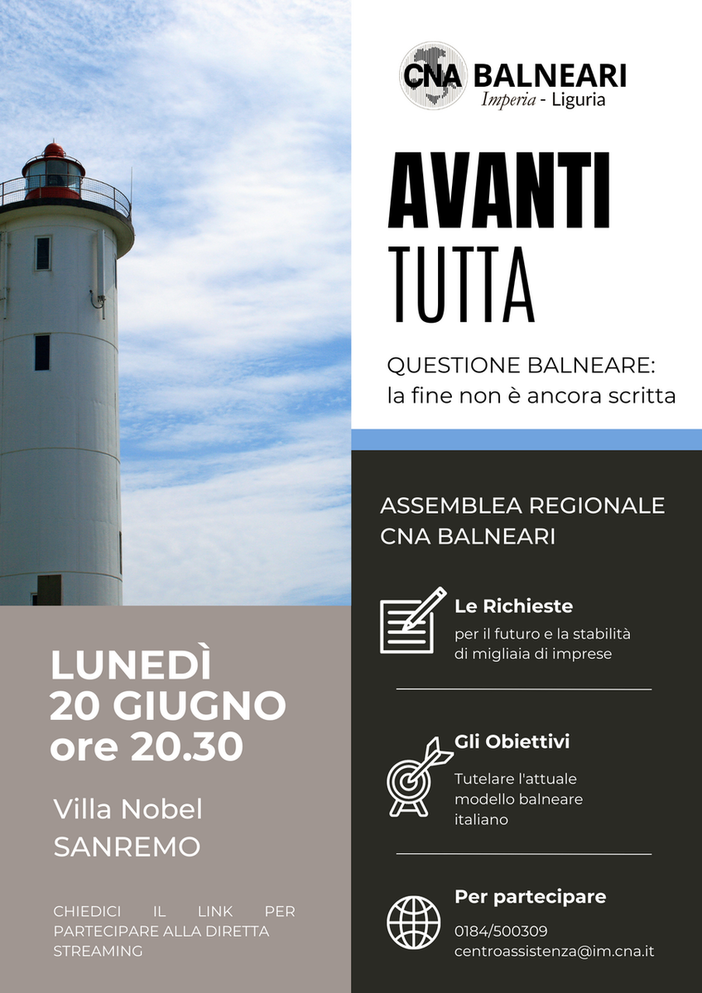 Sanremo: lunedì prossimo a Villa Nobel, Assemblea CNA Balneari dal titolo ‘Avanti tutta - questione balneare: la fine non è ancora scritta’