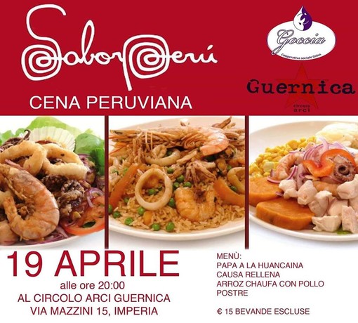 Imperia: venerdì 19 cena 'peruviana' all'Arci Guernica, organizzata dalla cooperativa 'Goccia'