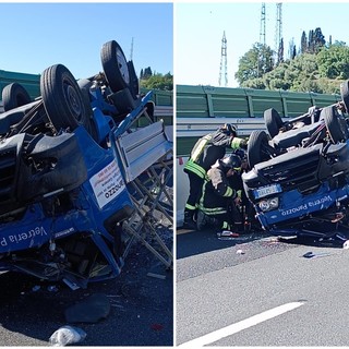 Incidente stradale in autostrada tra gli svincoli Imperia Est e Ovest: camioncino urtato da una vettura si ribalta