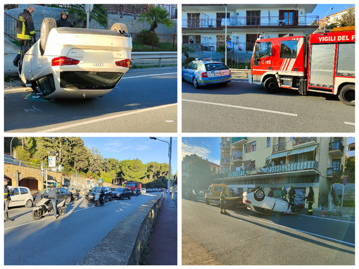 Costarainera, auto si ribalta sull'Aurelia, conducente illesa: soccorsa dai Vigili del fuoco e dalla Croce Bianca (foto)