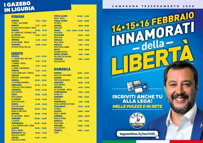 Partita in tutta la Liguria la campagna di tesseramento della Lega, 'Innamorati della libertà' Partita in tutta la Liguria la campagna di tesseramento della Lega, 'Innamorati della libertà'