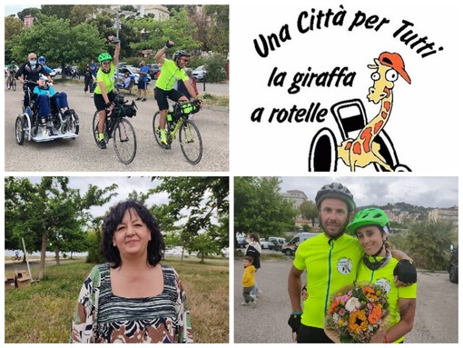 Imperia, grande solidarietà per la 'Giraffa a rotelle': sei mila euro raccolti da Martina e Lorenzo che hanno percorso mezza Italia in bici