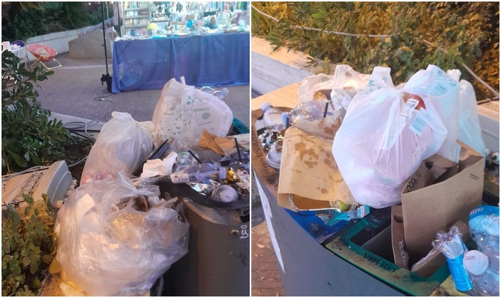 Cestini stracolmi di rifiuti senza essere neanche differenziati, la brutta immagine di Borgo Marina Cestini stracolmi di rifiuti senza essere neanche differenziati, la brutta immagine di Borgo Marina