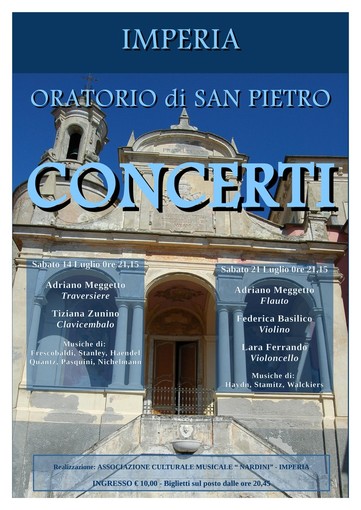 Imperia: il 14 ed il 21 luglio all'Oratorio di San Pietro due concerti organizzati dall'associazione Nardini