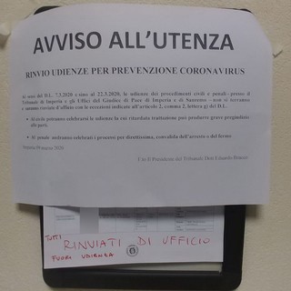 Coronavirus, la giustizia si ferma: al tribunale di Imperia tutto sospeso fino al 23 marzo (Foto) Coronavirus, la giustizia si ferma: al tribunale di Imperia tutto sospeso fino al 23 marzo (Foto)