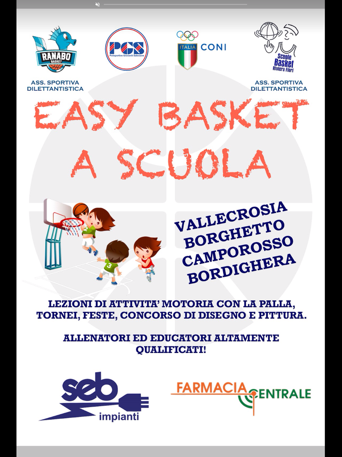 Bordighera: &quot;Easy Basket a Scuola&quot;, iniziato un mese fa il progetto scolastico di avvicinamento alla pallacanestro