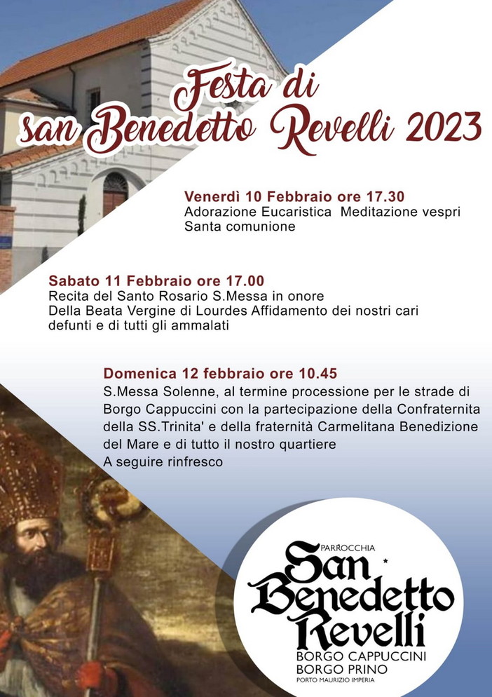 Imperia: questo fine settimana festa di San Benedetto Revelli. Il programma Imperia: questo fine settimana festa di San Benedetto Revelli. Il programma