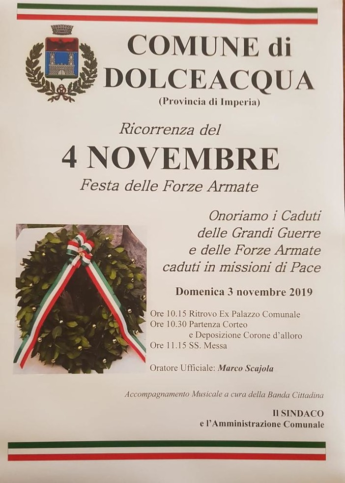 Dolceacqua: l'assessore regionale Marco Scajola domani alla commemorazione per la feste delle forze armate Dolceacqua: l'assessore regionale Marco Scajola domani alla commemorazione per la feste delle forze armate