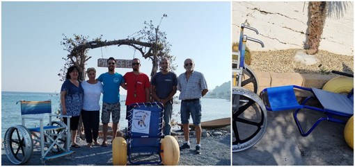 Imperia, la Giraffa a rotelle dona due sedie job alle spiagge del Prino Imperia, la Giraffa a rotelle dona due sedie job alle spiagge del Prino
