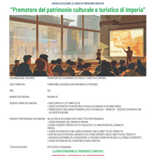 Imperia, ultima settimana per iscriversi al corso gratuito "Promotore del Patrimonio Culturale" Imperia, ultima settimana per iscriversi al corso gratuito "Promotore del Patrimonio Culturale"