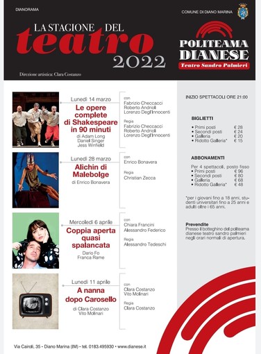 Diano Marina, riparte la stagione teatrale al Politeama, Bellacicco soddisfatto: "Adesso il Comune aiuti la realtà del teatro" Diano Marina, riparte la stagione teatrale al Politeama, Bellacicco soddisfatto: "Adesso il Comune aiuti la realtà del teatro"