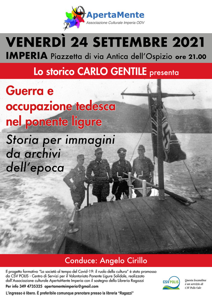 Imperia: venerdì l'incontro "Guerra e occupazione tedesca nel ponente ligure" con Carlo Gentile