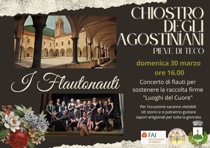 Pieve di Teco: al  Chiostro degli Agostiniani concerto di flauti per sostenere la  raccolta firme Fai “I luoghi cuore”