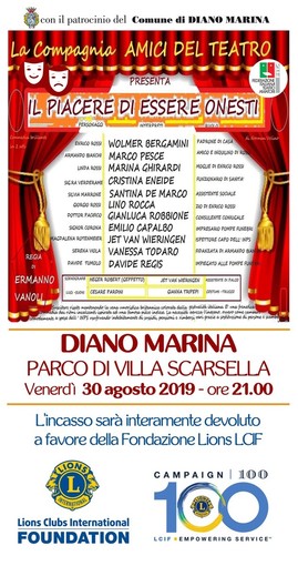 Diano Marina: venerdì a Villa Scarsella spettacolo teatrale per beneficenza con la commedia &quot;Il piacere di essere onesti&quot;